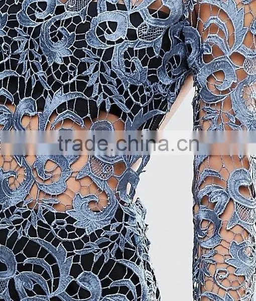 Good Quality Fashion Petrol Blue Bandeau Underlay Kick Split Lace Open Back Dress photo-6
