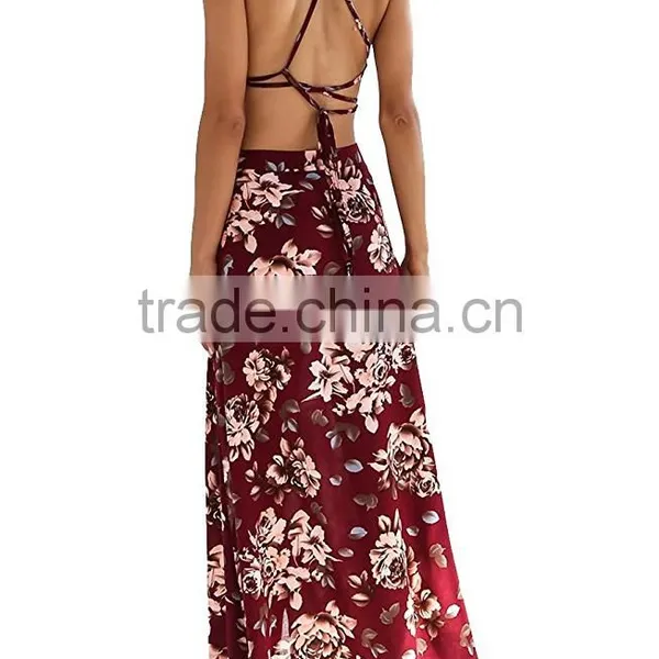 Women's Boho Bandage Crop Top Long Skirt Floral Print Maxi Dress photo-5