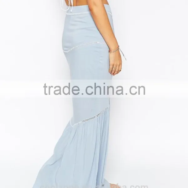 Embroidered Trim Fish Tail Hem Long Maxi Women Dress Wholesale Beach Skirt photo-3