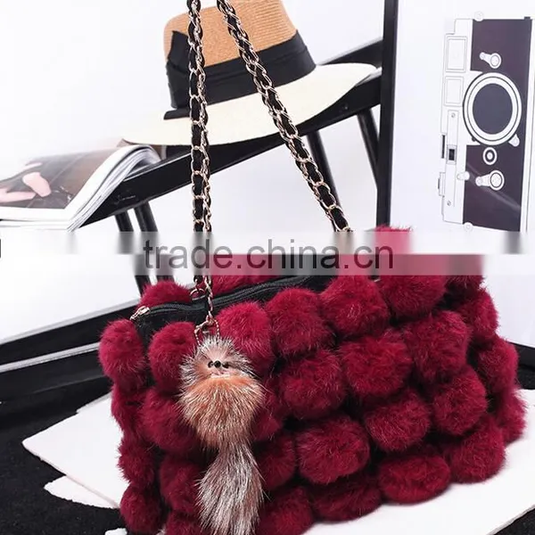 100% Real Rabbit Woman Bucket Handbag Rabbit Fur Ball Ladies Shoulder Bag photo-3
