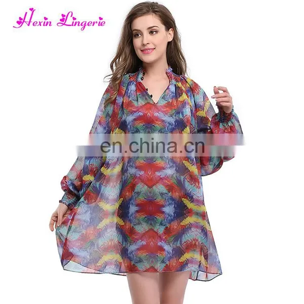 Women Cheap Sexy Printed Red Long Sleeve V-Neck Summer Beach Dress photo-3