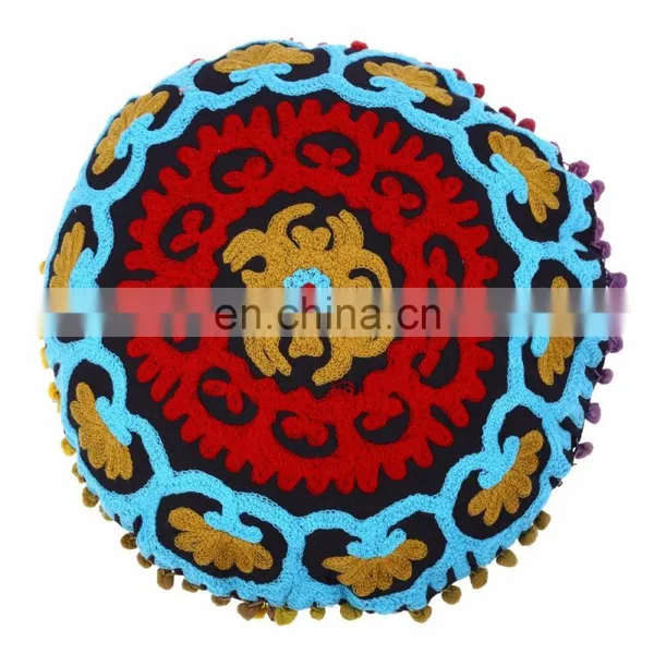 Embroidered Suzani Round Pillows Indian Floor Pom Pom Lace Cushion Cover Throw photo-3