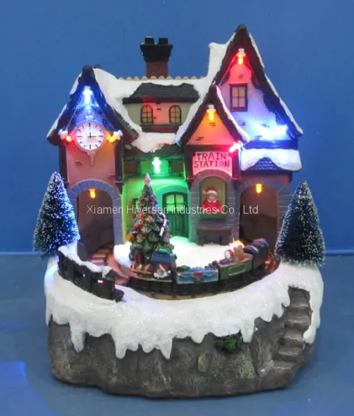 Polyresin Christmas Crafts Decoration 8'' LED Train Station With Moving Train