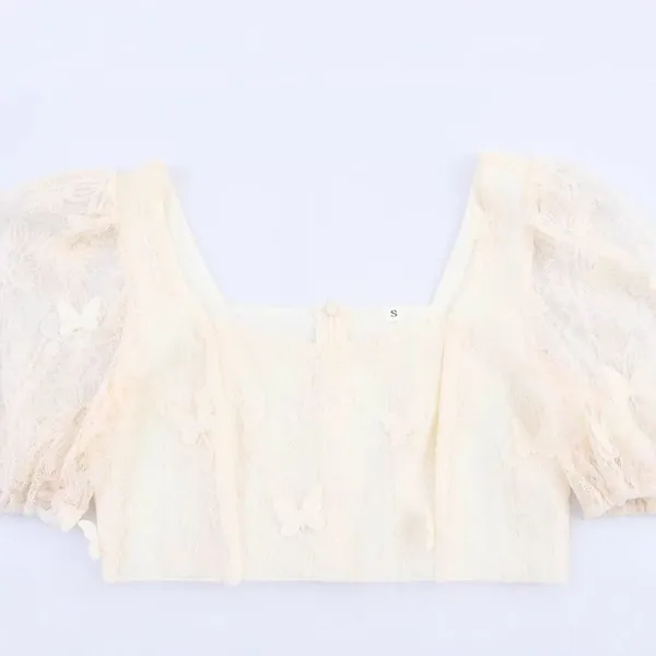 2025 New Chiffon Printed Women's Summer Outfit, New Cover Belly Slimming Round Neck Embroidered Bubble Sleeve Top photo-3