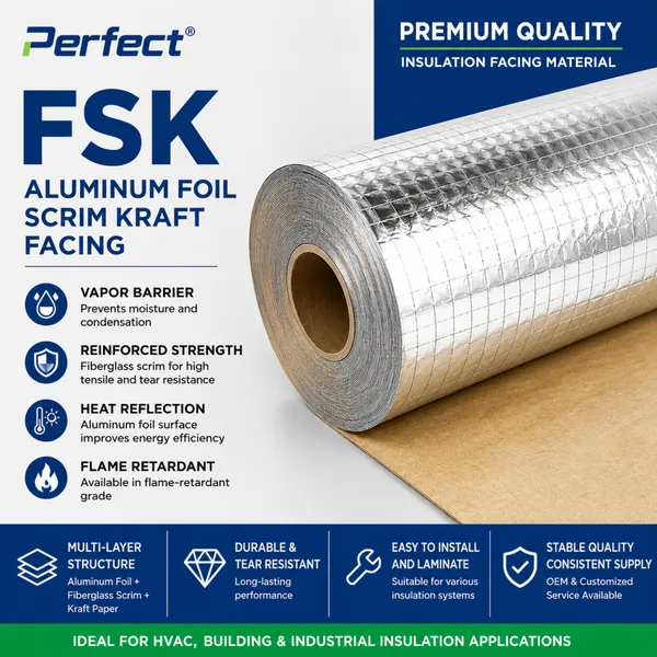 FSK Facing Roll, Aluminum Foil Scrim Kraft Vapor Barrier, Heat Reflective Insulation Foil for HVAC Duct, Glass Wool & Rock Wool Lamination