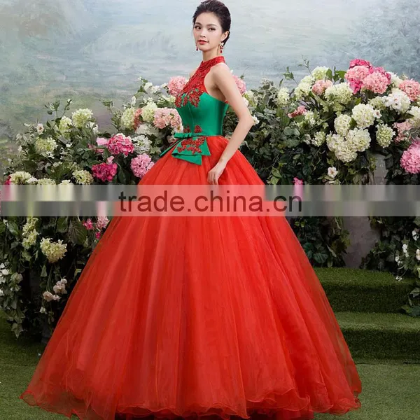 MGOO High Fashion Chinese Style Red Color Halter Maxi Prom Dress Ball Gown Tulle Green Toast Dress YDYS15B0083 photo-2