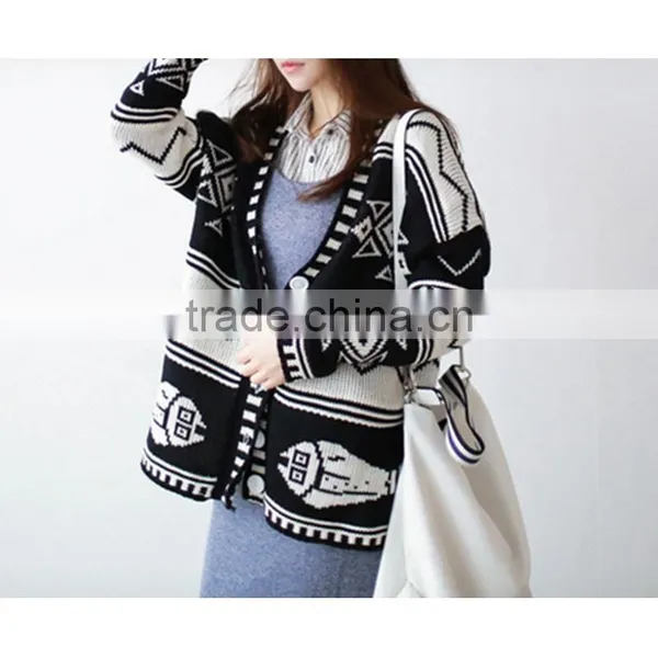 Spring Smiles Spring and Autumn Wear New Arrival Britpop Contrast Color Loose Thick Knit Sweater Women Coat photo-2