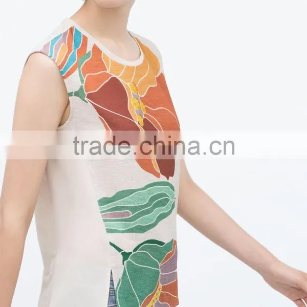 2015 New Fashion Sleeveless Round Neck Print Chiffon Lady Top Designer photo-2