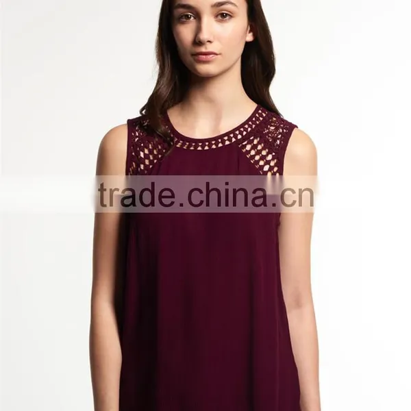 2017 Guangzhou Shandao Custom Logo New Fancy Style Women Summer Wine Red Chiffon Round Neck Sexy Sleeveless Top Photos photo-5
