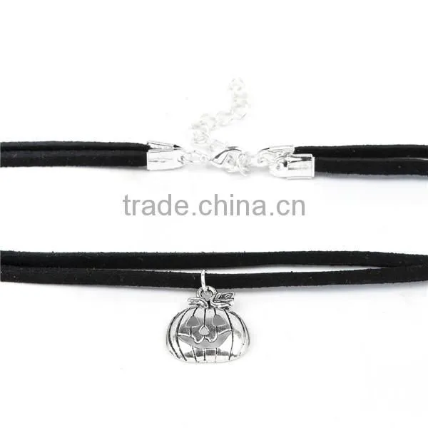 Velvet Suede Double Layer Halloween Choker Necklace Antique Silver Black Pumpkin 33.5cm Long photo-3