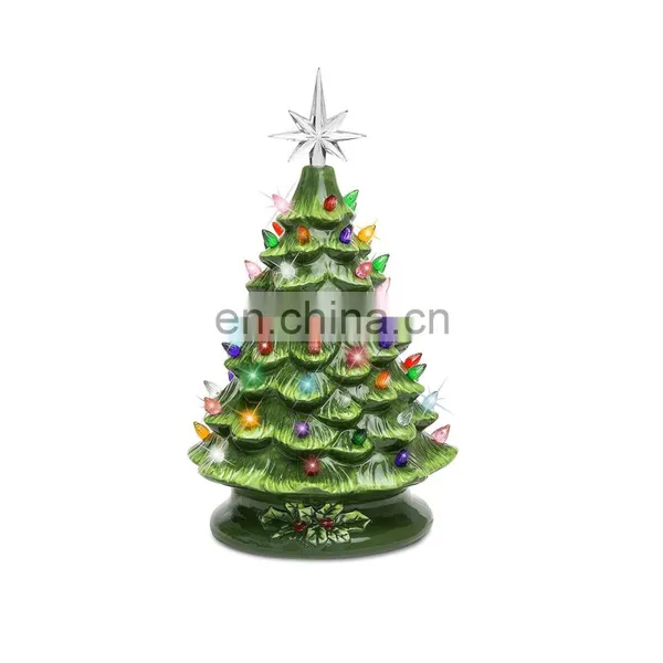 Mini Small Hand Painted Ceramic Christmas Xmas Artificial Tree Decoration Ornament With Led Lights