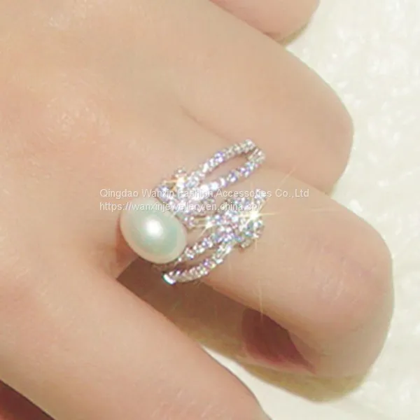 S925 Sterling Silver Ring Women's Diamond Pearl Knot Ring photo-2