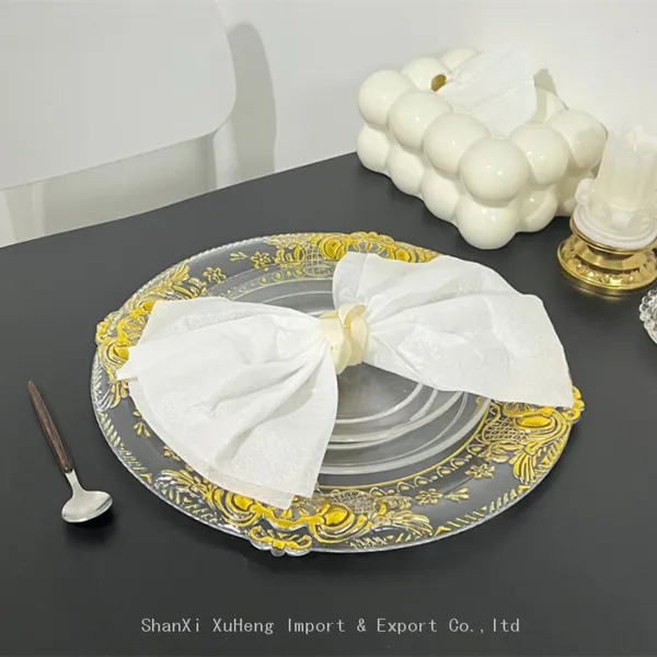Wedding Dishes 13 Inch Acrylic Clear Gold Embossed Banquet Charger Plates For Home Party photo-2