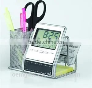 Multifunctional Silver Metal Mesh Pen Holder With Calendar And Business Name Card Holder