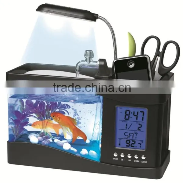 Led Light USB Fish Tank With LED Clock Lamp USB Aquarium Personalized Pen Holder