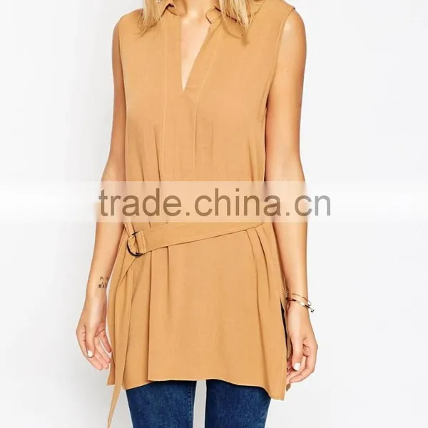 2015 New Fashionable Factory Belted Sleeveless Utility Tunic Top With V-neckline photo-3