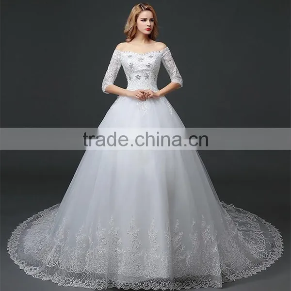 MGOO Lace Trim Hem Beaded Empire Vintage Floor Length Off Shoulder Wedding Dress Bride Grown Long Sleeve photo-3
