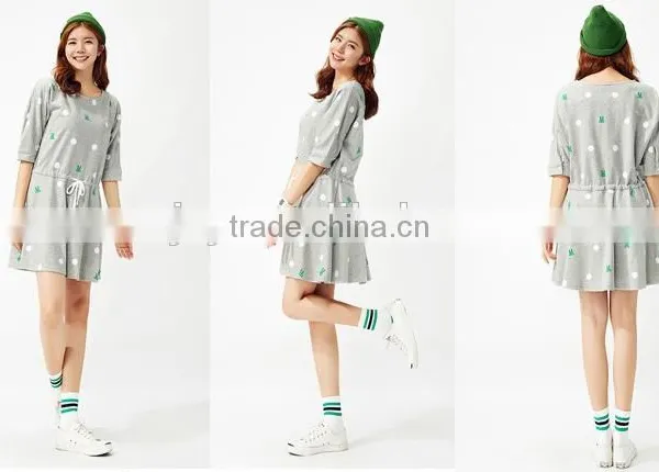 Female Money Shallow Hemp Grey Knitted Rabbit Dot Printing on the Waist Rope Bat Sleeve Dress photo-3