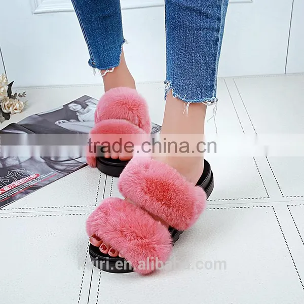 Rabbit Fur Women Fur Slippers Fashion Warm Gladiator Sandals Ladies Summer Flats Casual Platform Slides Fslipper-5 photo-4