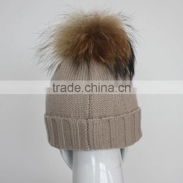 Myfur Winter Woolen Knitting Beanie Hat With Removable Raccoon Fur Bobble Top photo-5