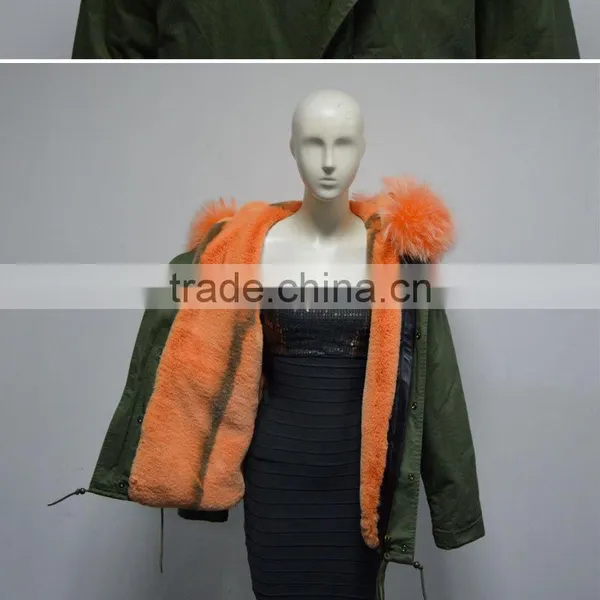 New Style Orange Stripe Faux Fur Lined With Raccoon Fur Collar Fur Coat for Woman photo-3