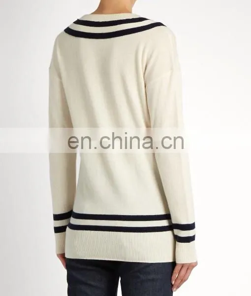 High Quality Varsity V-neck Wool and Cashmere-blend Sweater Fashion Design Women Long Sleeve Sweater photo-2