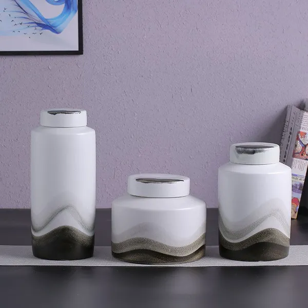 Trapezoid Cylinder White Green Ink Color Cover Small Ceramic Vase, Office Home Furnishing photo-3