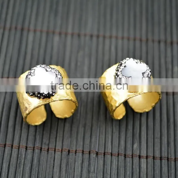 LFD-005R ~ Gold Plated Druzy Shell Pave Rhinestone Crystal Clover Rings For Women Jewelry Finding photo-3