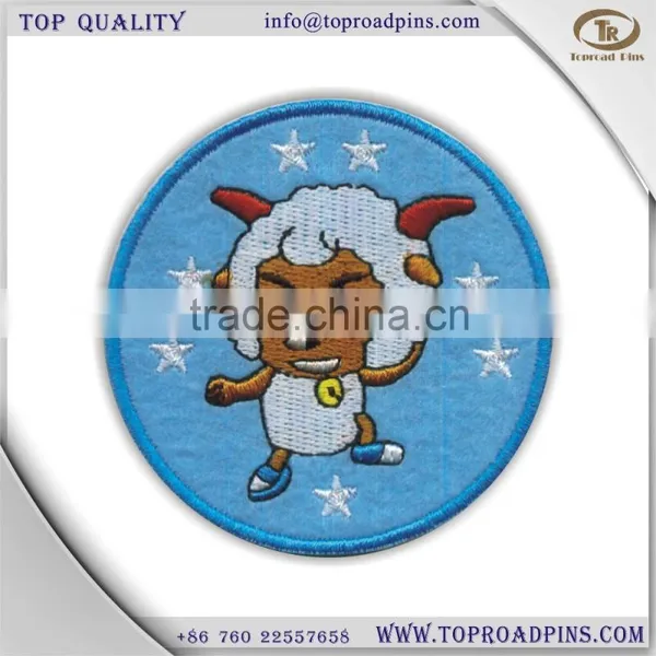 Cheap Custom Fabric &wool Pleasant Sheep Embroidery Patches With Self-adhesive ( White Hot Cut Border )