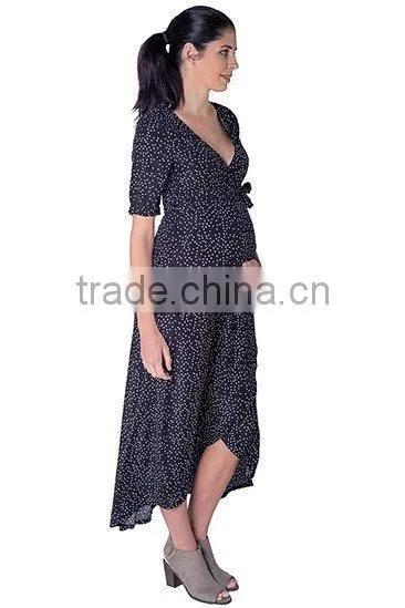Summer Print Chiffon Black Wrap Maternity Dress, Long Maternity Clothes, Half Sleeve Maternity Clothing photo-3