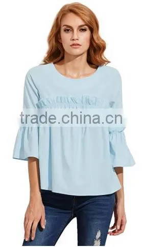 Women's Bell Sleeve Ruffle Trim Round Neck Pleated Blouse photo-4