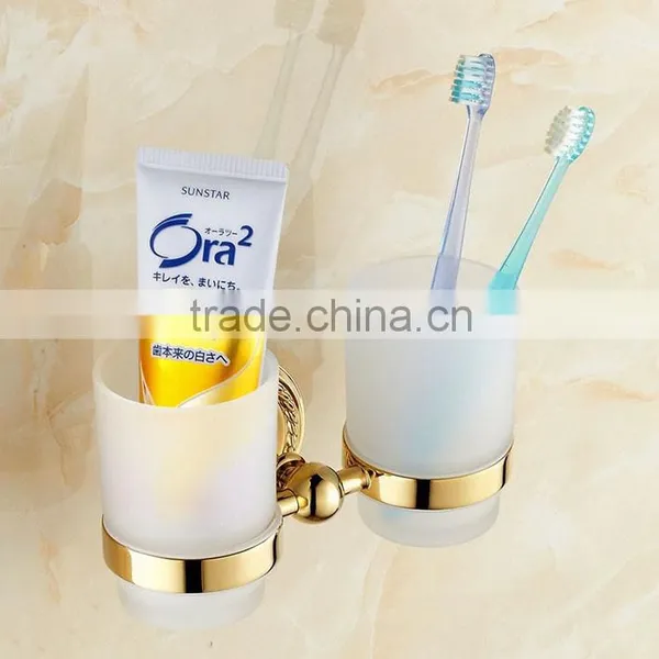 2014 New model Hotel Bathroom Accessories gold finishing brass tumbler holder With Double Cups