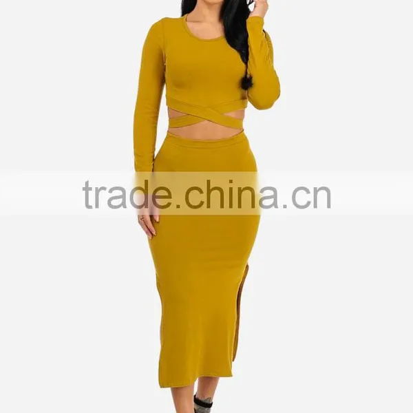 Suppliers Bulk Apparel Spring Women Dresses Sexy Mustard Two Piece Long Sleeve Knee Length Bodycon Midi Dress Set photo-4