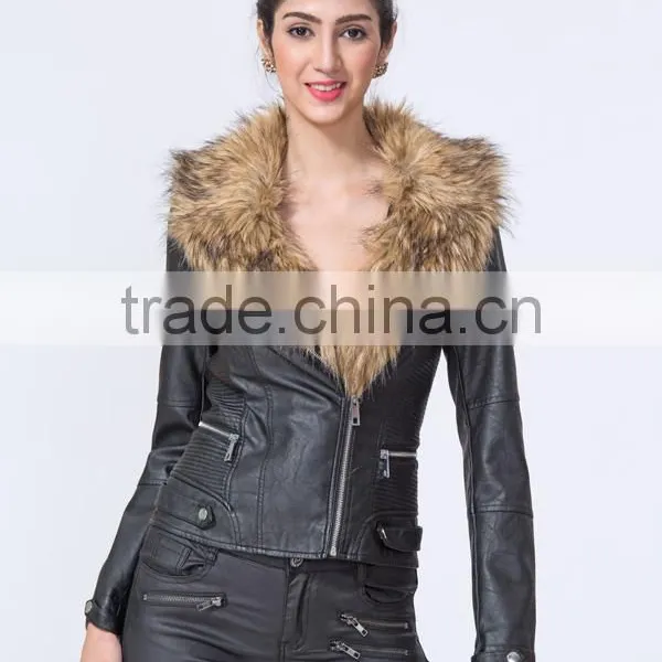 New Fashion Clothing Manufacturers Petite Women Biker Jacket With Fur Collar photo-3