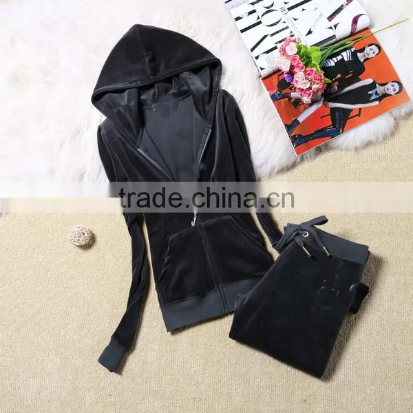 Women Velvet Suit Velour Track Suit Lady Hoody Sweater OEM China photo-2