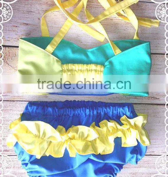 Baby Swimwear Blue Yellow and Aqua Stitching 2 Piece Suit Girl Swimsuit photo-2