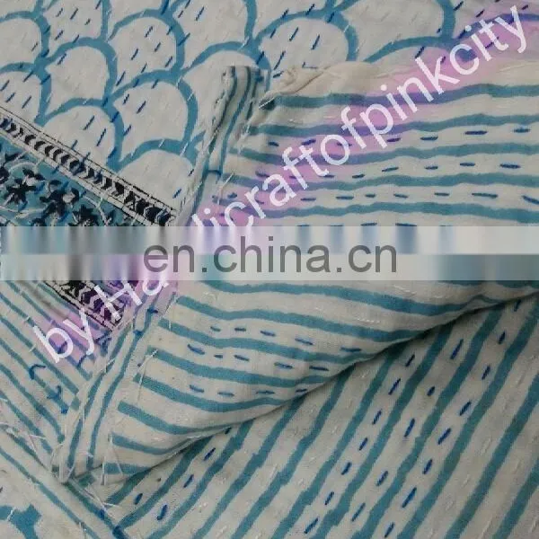 Indian Iket Print Kantha Quilt Throw Reversible Cotton Bedspread Vintage Gudri photo-3