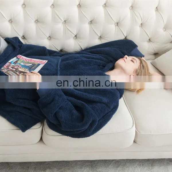 Indoor Bedroom Sleep Navy Soft Material Durable Wearable Hoodie Sherpa Oversized Blanket photo-2