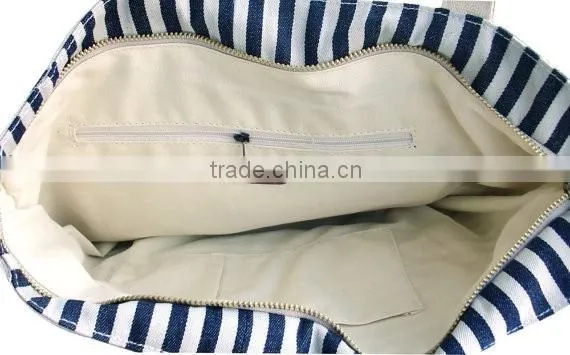 Navy Stripe Stylish Denim Bag Denim Tote Bag With Leather Trim photo-3