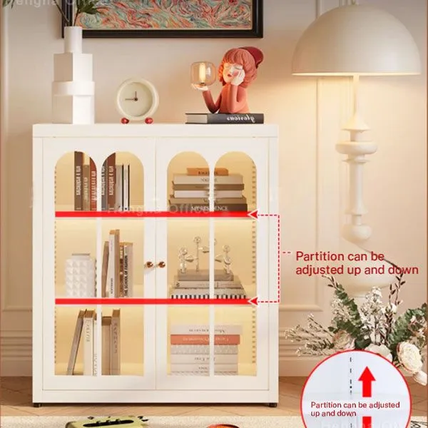 High-End Creamy White Display Cabinet for Luxury Living Room Furniture, Modern Arched Metal Bookcase With Fluted Glass Doors-OEM/ODM photo-5