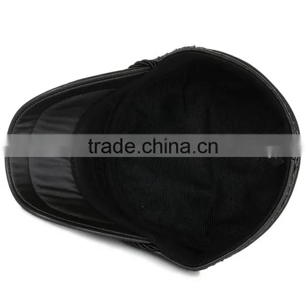Blank Plain Black European Simple Style Flat-Top Outdoor PU Leather Military Style Caps Quality Choice photo-3