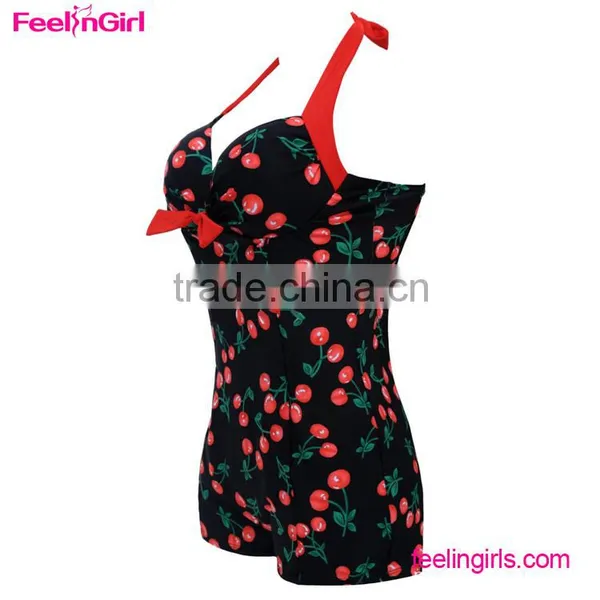 Girls Black and Red Cherry Print Retro High Waist Bikini photo-2