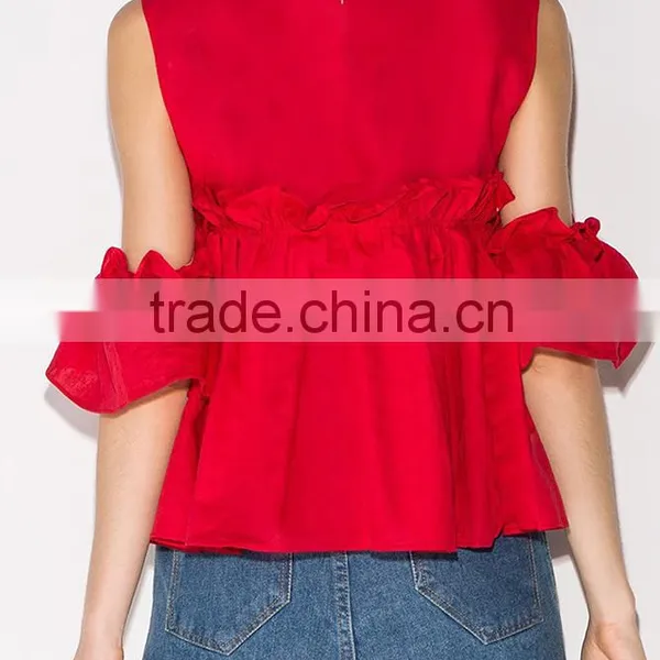 Women's Short Sleeve Solid Colour Round Neck Pleated Tops Blouse photo-3