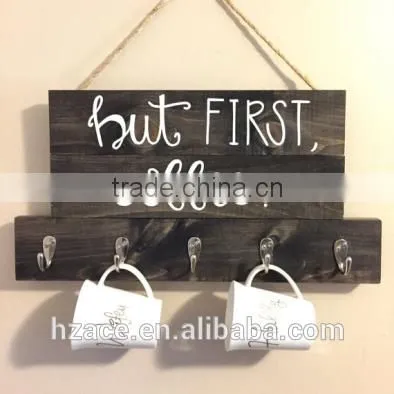 Wooden Coffee Sign Twine and Hooks, Personalized Coffee Gift photo-3