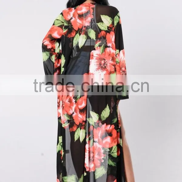 Kimono Duster Cardigan Top Open Front Bell Sleeves Floral Printed Mesh Duster For Women photo-4