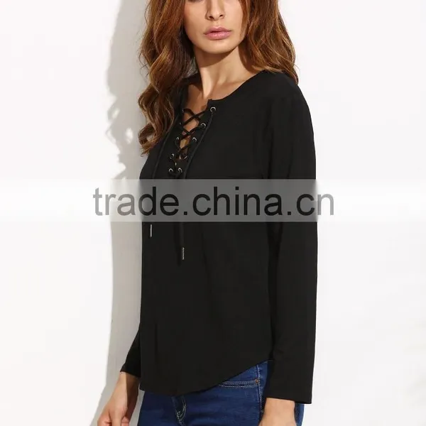 Black V Neck Lace Up Curved Hem T-shirt photo-3