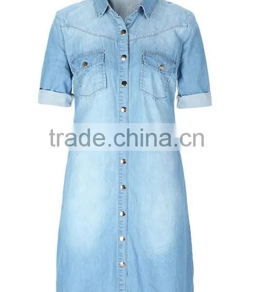 EY1932B Hot Selling Classical Shirt Dress Apparel Fashion Rolled Sleeves Denim Dress photo-2