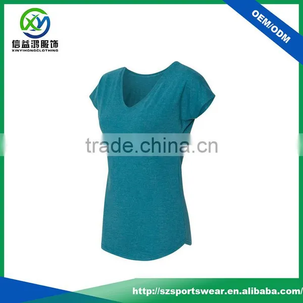 New Design 92%Polyester 8%Spandex V-neck Women Sport T Shirt With Curve Bottom photo-5