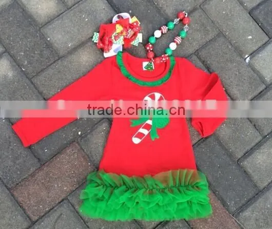 Baby Girls Chirstmas Candy Cane Dresswith Matching Hair Bows and Chunky Necklace Set