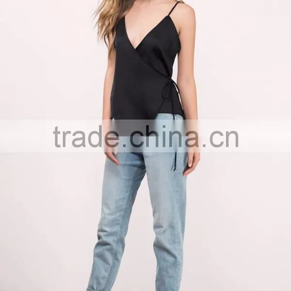 2017 Latest Fashion Design Wholesale Black Sexy Tank Top Satin Blouse photo-3
